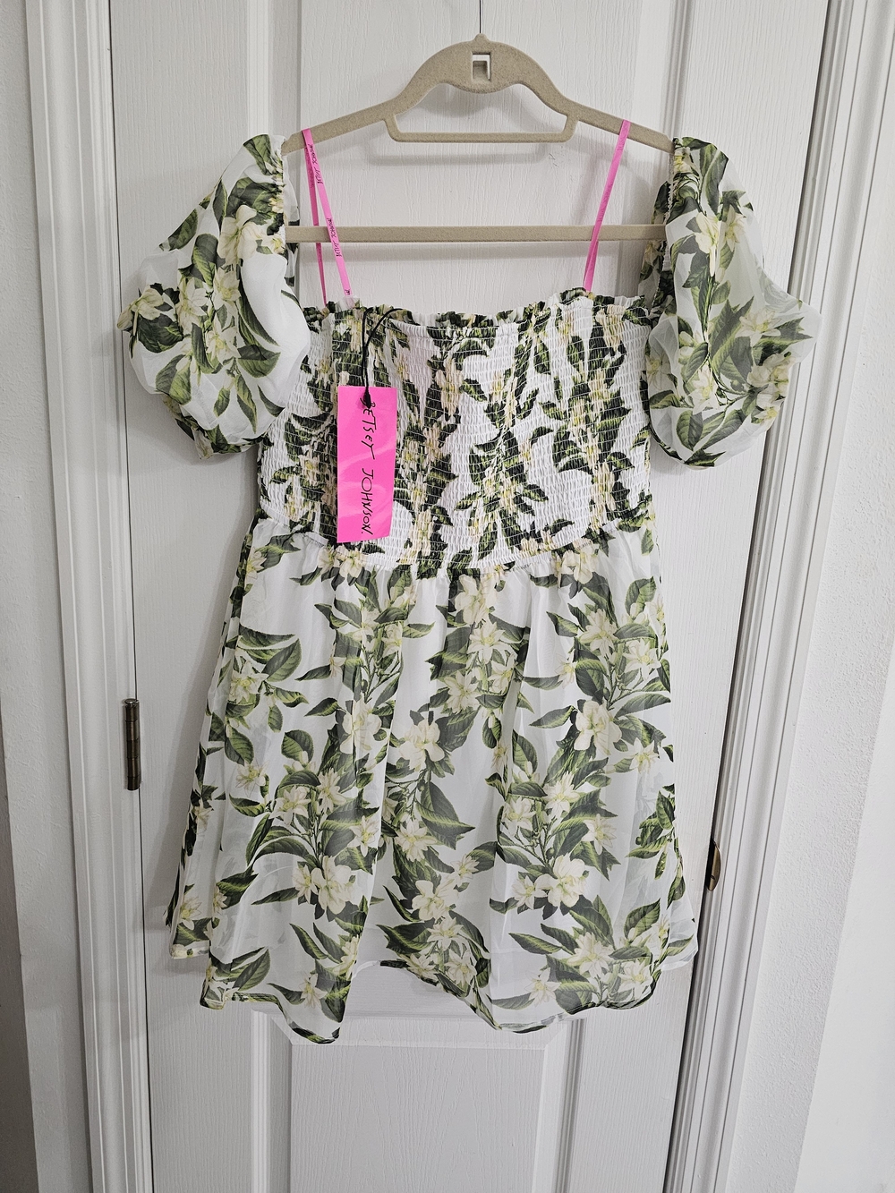 Betsey Johnson White Floral Off-Shoulder Tunic with Pink Straps